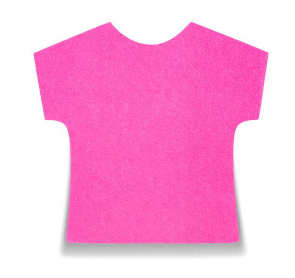 flache rosa T-Shirt Haftnotiz, isoliert auf weißem Hintergrund, mit Schatten auf dem Boden - Foto, Bild
