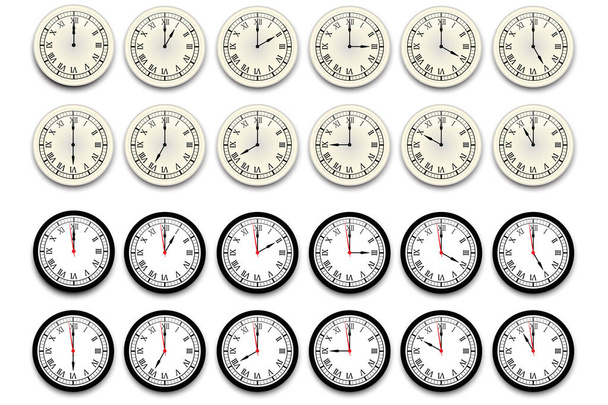 Ikona hodin nastavena. Sledujte, vektor časové ikony. Realistické nástěnné hodiny nastaveny. Ikona času nastavena. Vektorová ilustrace. Stock image.  - Vektor, obrázek
