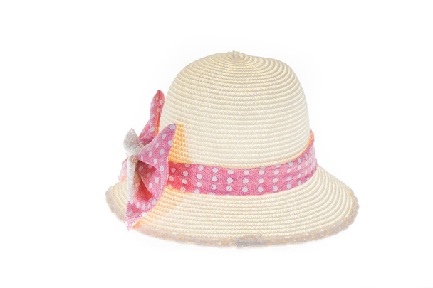 Досить солом'яний капелюх з рожевою стрічкою на білому тлі
 - Фото, зображення