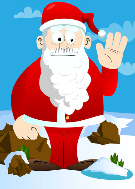 Santa Claus v červených šatech s bílými vousy a mávající rukou. Vektorový kreslený znak ilustrace. - Vektor, obrázek