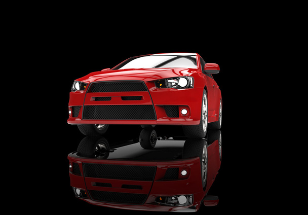 反射面の上の赤のレース車の正面図 - 写真・画像