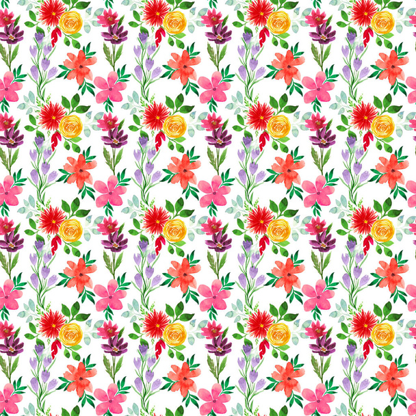 Бесшовный узор ярких летних цветов и листьев. Цветение акварелью для открыток, оберточной бумаги, наклеек, ценников - Фото, изображение
