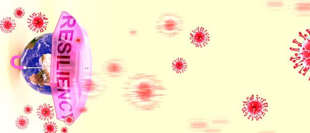 Resistência vívida - vírus corona atacando a Terra que é protegido por um guarda-chuva com palavra inglesa resiliência como um símbolo de uma luta humana com pandemia de coronavírus, ilustração 3d - Foto, Imagem