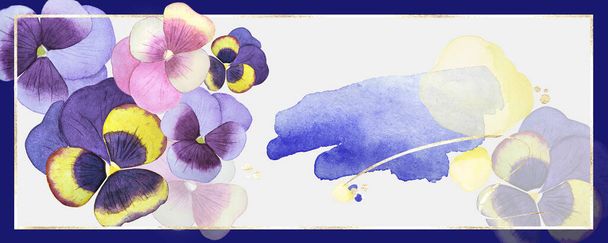 Blue background in pansy colors and watercolor drops, with a gold metal frame. Wall art gallery - Foto, afbeelding