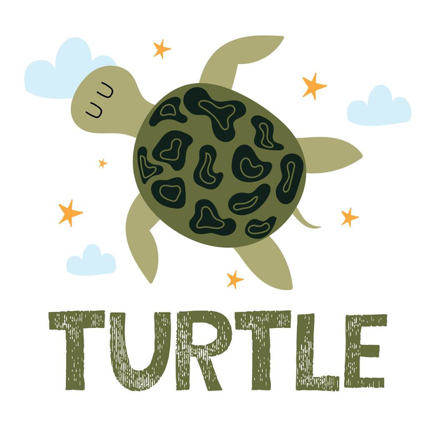 Childrens hand-drawn illustration of cute turtle. Turtle flying across the sky with clouds and stars. Lettering. The illustration is suitable for posters, postcards. prints. - Vektor, obrázek