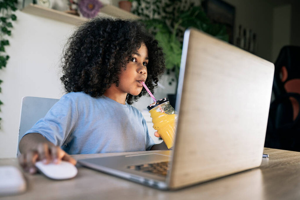 μικρό αγόρι με αφρο μαλλιά, που χρησιμοποιεί υπολογιστή σε ωραίο σπίτι, ενώ πίνει χυμό, πίσω στο σχολείο - Φωτογραφία, εικόνα
