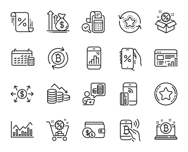 Vector set of Discounts app, Loyalty points and Bitcoin line icons set. Dollar exchange, Sale and Budget accounting icons. Contactless payment, Money loss and Loyalty star signs. Vector - Vetor, Imagem