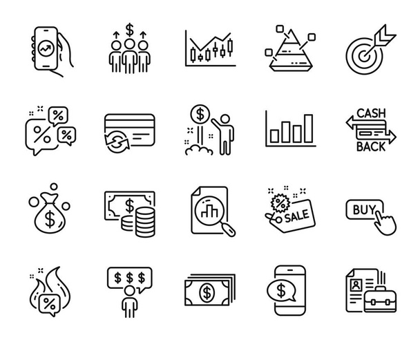 Vector set of Meeting, Sale and Financial app line icons set. Income money, Employee benefits and Buy button icons. Hot offer, Coins banknote and Banking signs. Meeting web symbol. Vector - Vettoriali, immagini