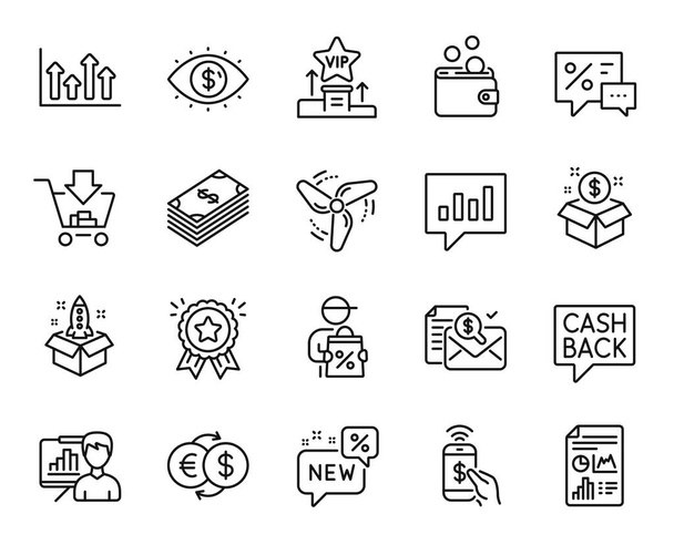 Vector set of Money transfer, New and Delivery discount line icons set. Wallet money, Post package and Discounts icons. Startup, Wind energy and Upper arrows signs. Money transfer web symbol. Vector - Vector, Image