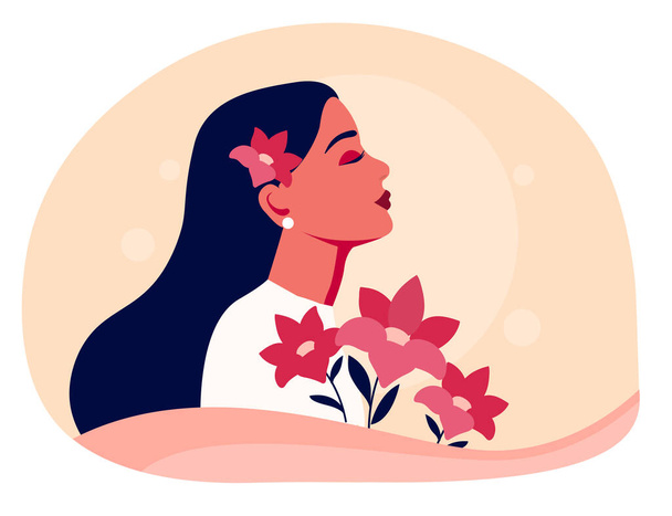Girl with flowers standing in profile - Vector, Image