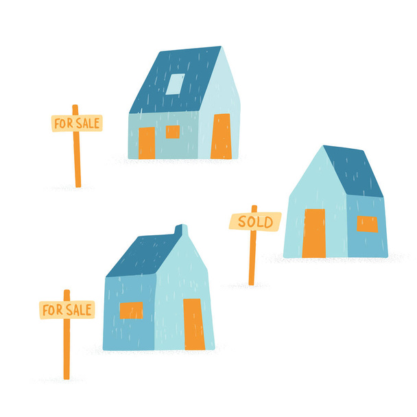 Edificios de colores con un cartel en venta y vendidos. Concepto de negocio en bienes raíces, hipoteca, alquiler. - Vector, imagen