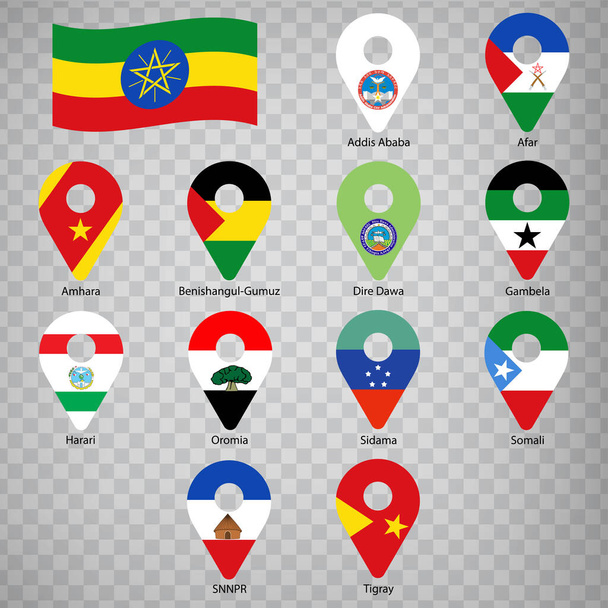 Tizenkét zászló Etiópia tartományok - ábécé sorrendben névvel. Kétdimenziós geolokációs jelek, mint a zászlók Etiópia régiói. Tizenkét kétdimenziós geolokációs jel a tervedhez. EPS10 - Vektor, kép