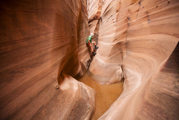 Slot kanjoni Grand Staircase Escalante National Park, Utah, Yhdysvallat. Epätavalliset värikkäät hiekkakivimuodostelmat Utahin aavikoilla ovat suosittuja retkeilijöiden kohteita.. - Valokuva, kuva