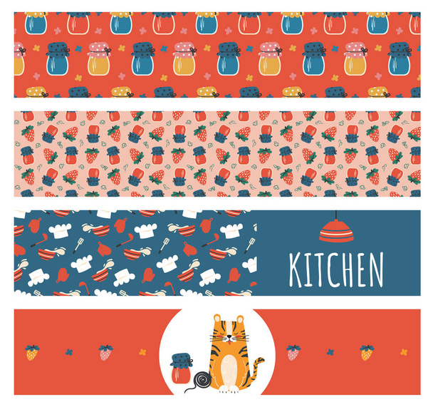 Cintas horizontales para niños sobre la cocina con tarros de mermelada, bayas y tazón. Ilustración vectorial de dibujos animados para niños con carácter de tigre y patrones de cocina. - Vector, imagen
