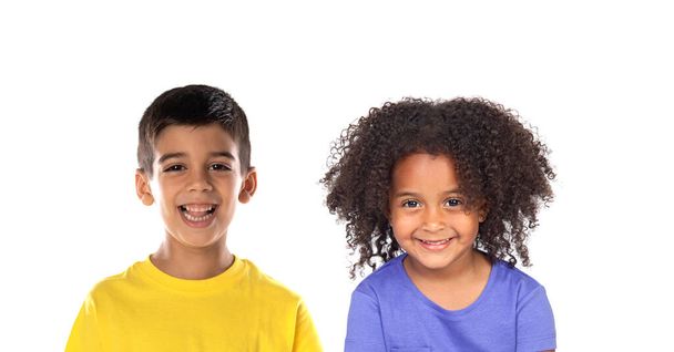 Two happy children with yellow t-shirt isolated on a white background  - Photo, Image
