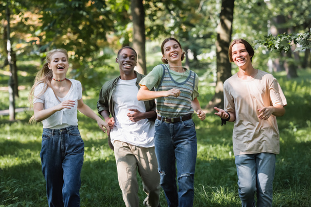 Adolescentes multiétnicos felizes correndo na grama no parque  - Foto, Imagem