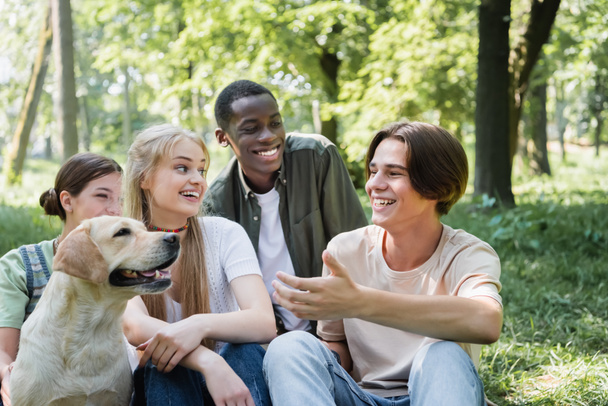 Sonriente adolescente señalando a retriever cerca de amigos interracial en el parque  - Foto, Imagen