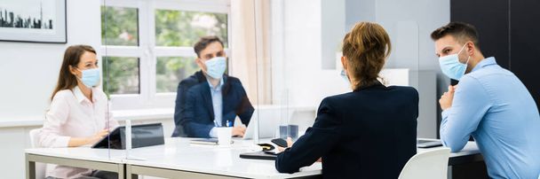 Job Interview Business Meeting At Law Office Wearing Face Mask - Фото, зображення