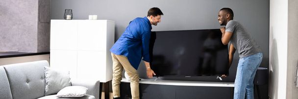 Gay Couple Holding New TV. Moving And Relocation - Foto, afbeelding
