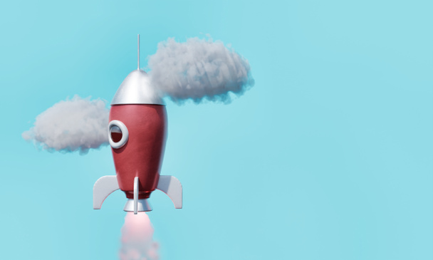 Czerwona rakieta startuje z chmurami wokół i przestrzeń na tekst w koncepcji startu, sukcesu i startu. 3d renderowanie - Zdjęcie, obraz