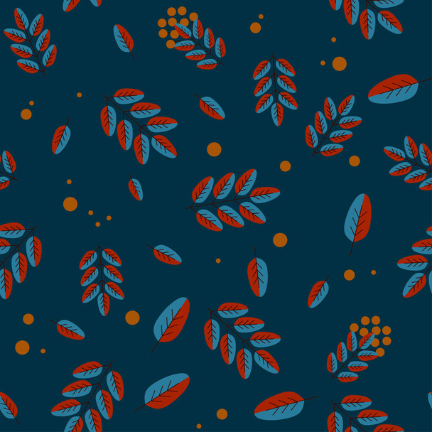 Autumn background, fall leaves, rowan berries. Seamless vector background for advertising, sales in orange and brown colors, on a blue background. - Vektor, kép