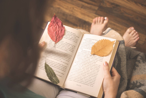 Hygge concept με νεαρή κοπέλα και βιβλίο με φθινοπωρινά φύλλα. Άνετο στο σπίτι φωτογραφία φόντου - Φωτογραφία, εικόνα