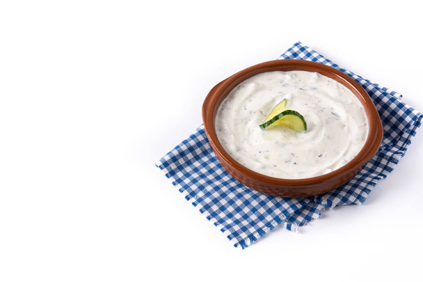 Traditional Greek Tzatziki isolated on white background. Copy space - Foto, Imagen