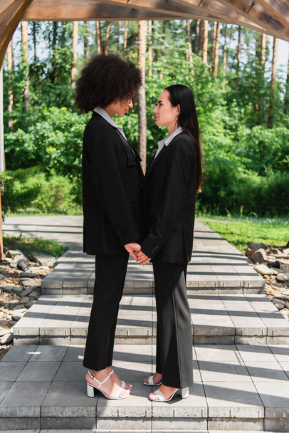 Side view of multiethnic lesbian couple holding hands in park  - Fotó, kép
