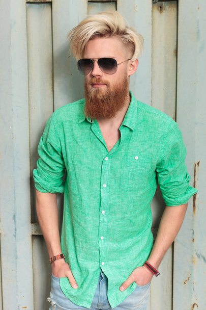 fashion man in green shirt with long beard - Photo, Image