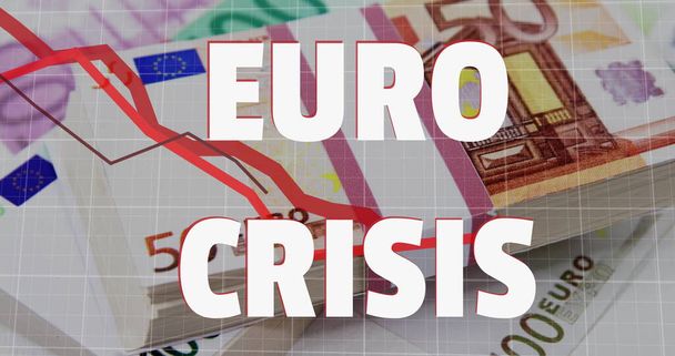 Image of Euro Crisis text with red lines descending over Euro currency banknotes. Global finance business economy crisis concept digitally generated image. - Photo, image