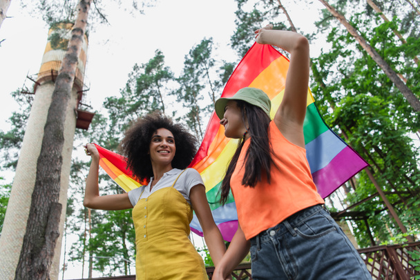 Niedrigwinkel-Ansicht eines interrassischen gleichgeschlechtlichen Paares, das eine LGBT-Fahne im Freien hält  - Foto, Bild
