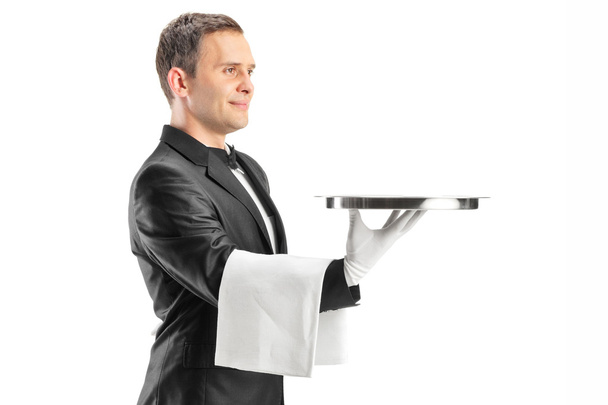 Male waiter holding tray - Foto, afbeelding