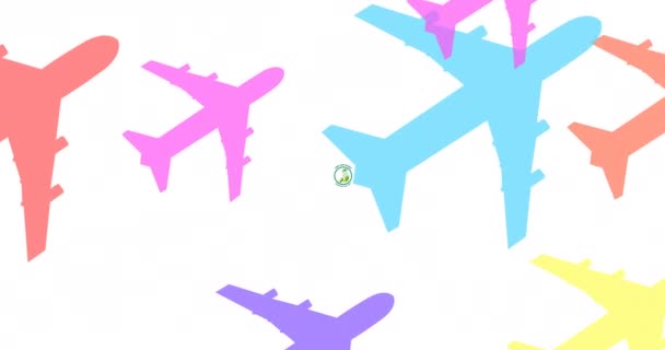 Animation of earth day text and globe baby logo over colorful airplanes on white background. global conservation and green awareness concept digitally generated video. - Video