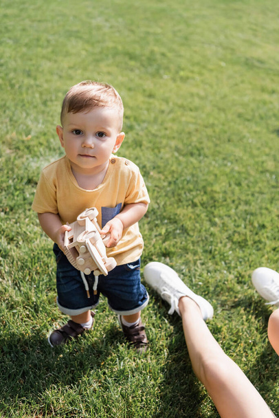 хлопчик стоїть на траві і тримає іграшковий автомобіль біля матері
  - Фото, зображення