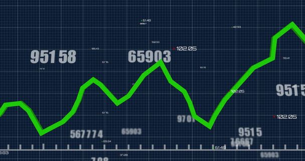 Image of interface with numbers changing over green line and statistics recording. Global network business finance economy concept digitally generated image. - Foto, Imagem
