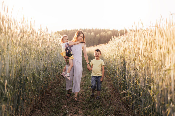 Мать с детьми с сыном и дочерью, идущими через поле пшеницы - Фото, изображение