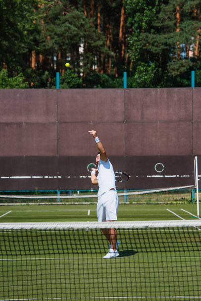 Deportista jugando al tenis cerca de red borrosa en la cancha  - Foto, imagen