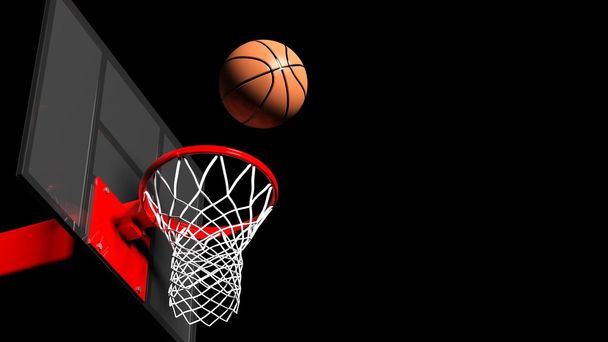 Баскетбольне кільце з м'ячем ізольовано на чорному тлі
 - Фото, зображення