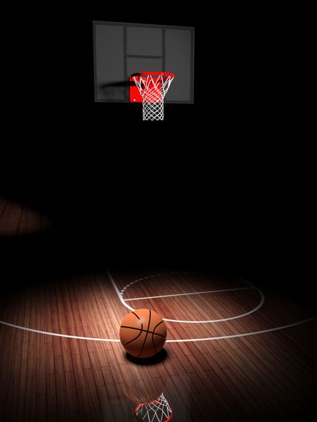 Arco de basquete com bola no chão da quadra de madeira
  - Foto, Imagem