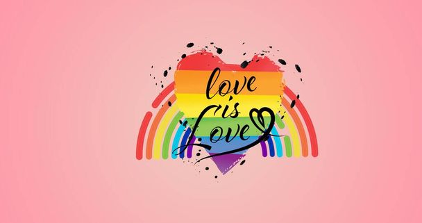 愛はピンクの背景に虹の心の上に愛のテキストです。lgbtq誇りと平等のお祝いの概念デジタル生成されたビデオ. - 写真・画像