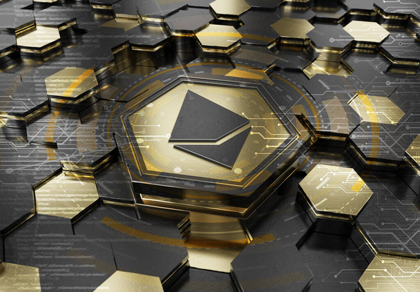 Ethereum icon concept engraved on gold and black metal hexagonal pedestral background. Crypto currency symbol glowing on abstract digital surface. 3d rendering - Foto, immagini