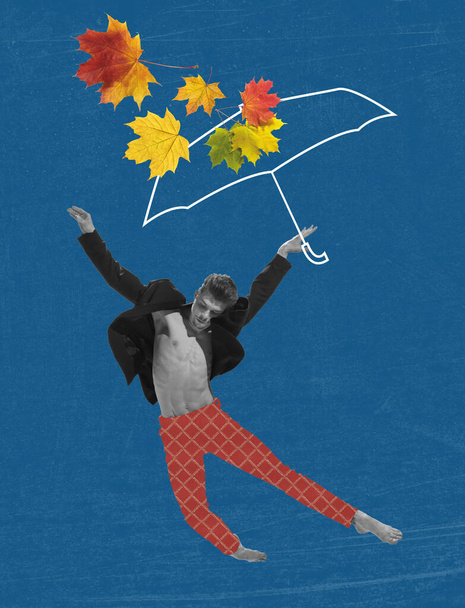 Modern design, contemporary art collage. Inspiration, idea, trendy urban magazine style. Composition with boy flying away on blue background - Foto, Imagen