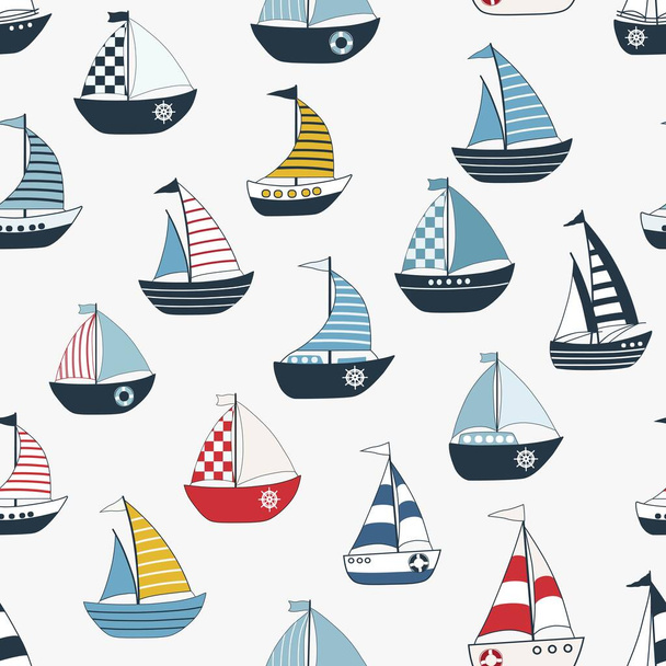 Marine seamless pattern with cartoon boats on white background - Vector, afbeelding