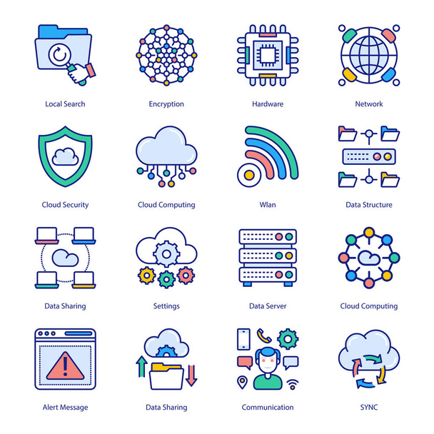 Cloud Computing Netzwerk gefüllte Symbole - gestreift, Vektoren - Vektor, Bild