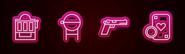 Set line Slot machine, Barbecue grill, Pistol or gun and Casino chip and playing cards. Glowing neon icon. Vector - Вектор, зображення