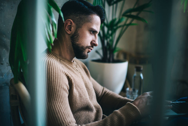 Site view of handsome bearded man in sweater looking straight sitting in modern coworking space interior, confident caucasian 20s male in trendy sweater concentrated on freelance job pondering on idea - Photo, image
