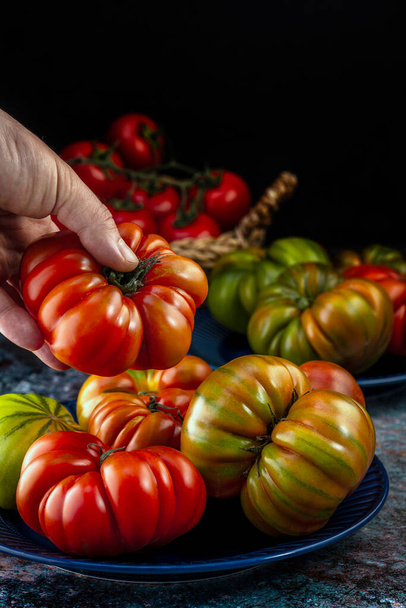 Surowe świeże pomidory na ciemnoniebieskim talerzu i ludzka ręka z pomidorem. Grupa wyściełanych organicznych raf tomatos. Niski klucz widok z boku zdjęcie z miękkim ostrością. - Zdjęcie, obraz