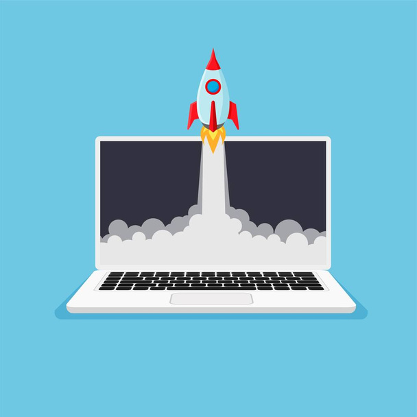 Laptop with rocket launch on a display. Business product concept. Rocket goes beyond the monitor. Project startup and innovation product. Vector illustration. - Vector, Image