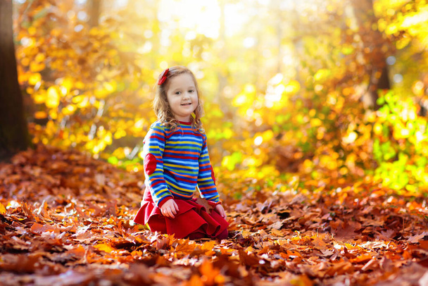 Niño en el parque de otoño. Niña con hoja amarilla. Niño jugando con hojas doradas de otoño. Los niños juegan al aire libre. Niños caminando en el bosque. Niño bajo un árbol de arce en un soleado día de octubre. - Foto, Imagen