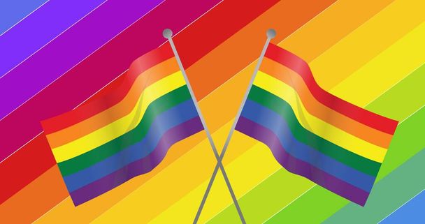 Two rainbow flags over rainbow stripes background. lgbtq pride and equality celebration concept digitally generated video. - Fotó, kép